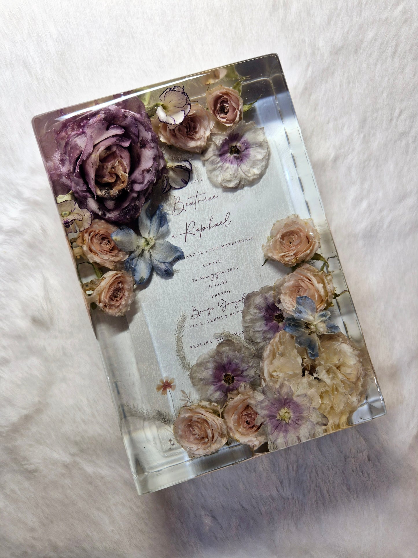 Conservazione bouquet sposa in resina - rettangolo con partecipazione