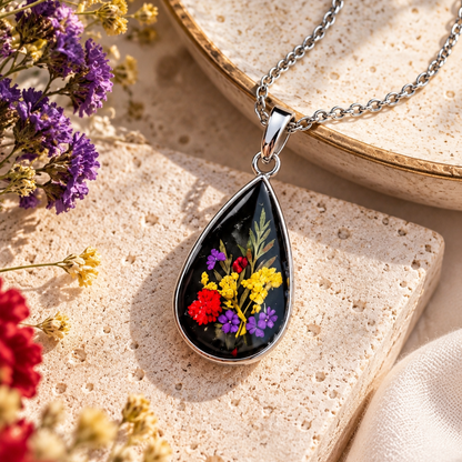 Ciondolo Hikari | Argento, fiori e resina nera